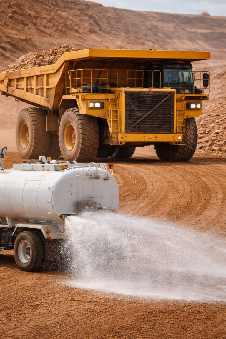 Water truck spraying road chemical on a haul road
