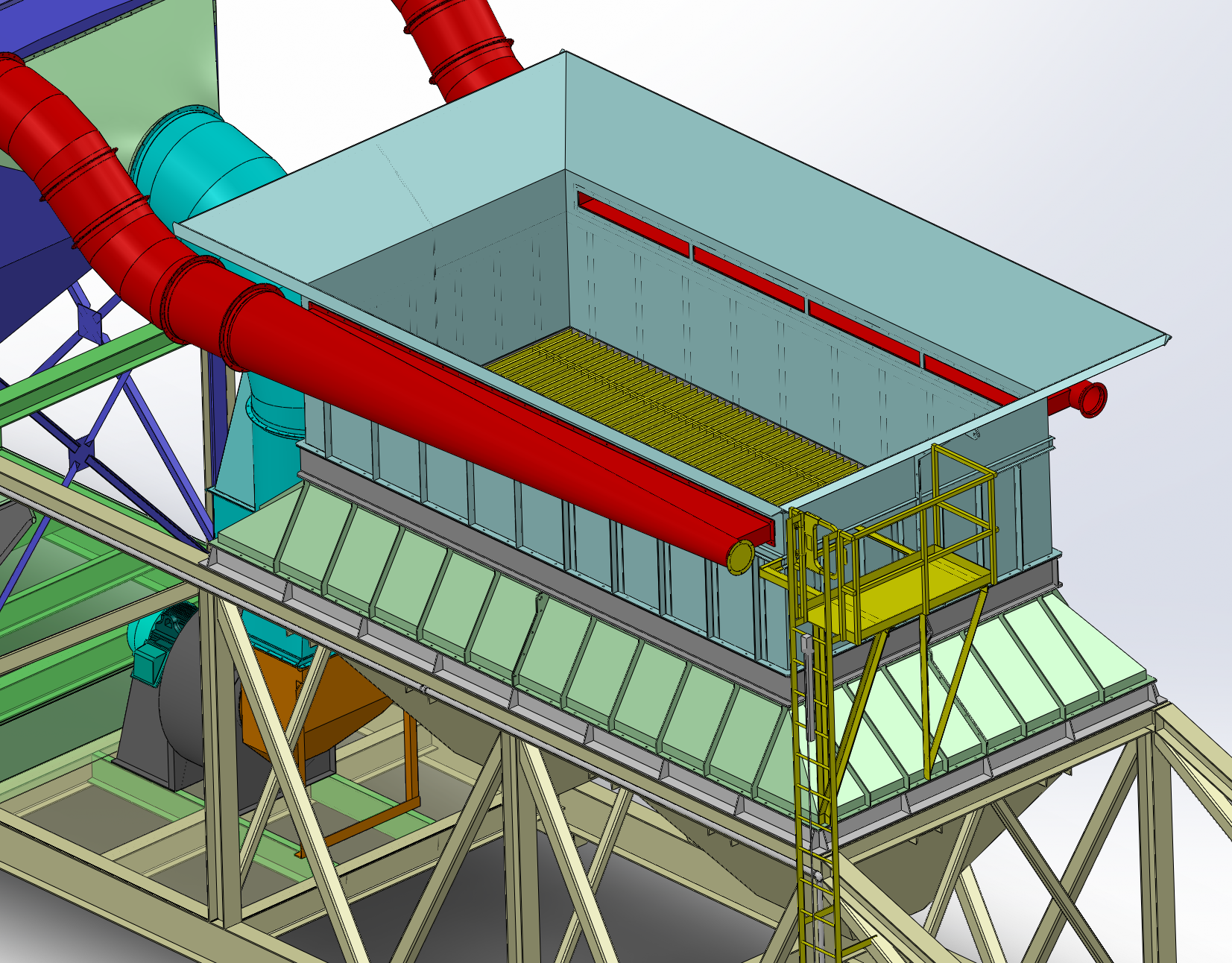 Alternative view of a custom dust collection system for optimized filtration in a fertilizer production facility