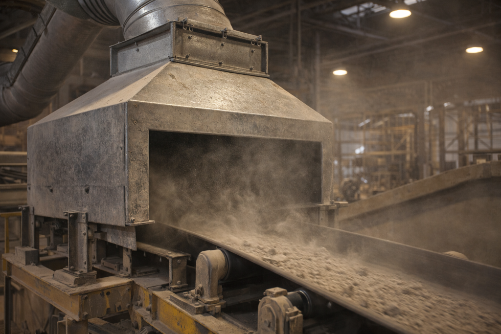 Local exhaust ventilation hood capturing dust at a conveyor transfer point in a cement plant