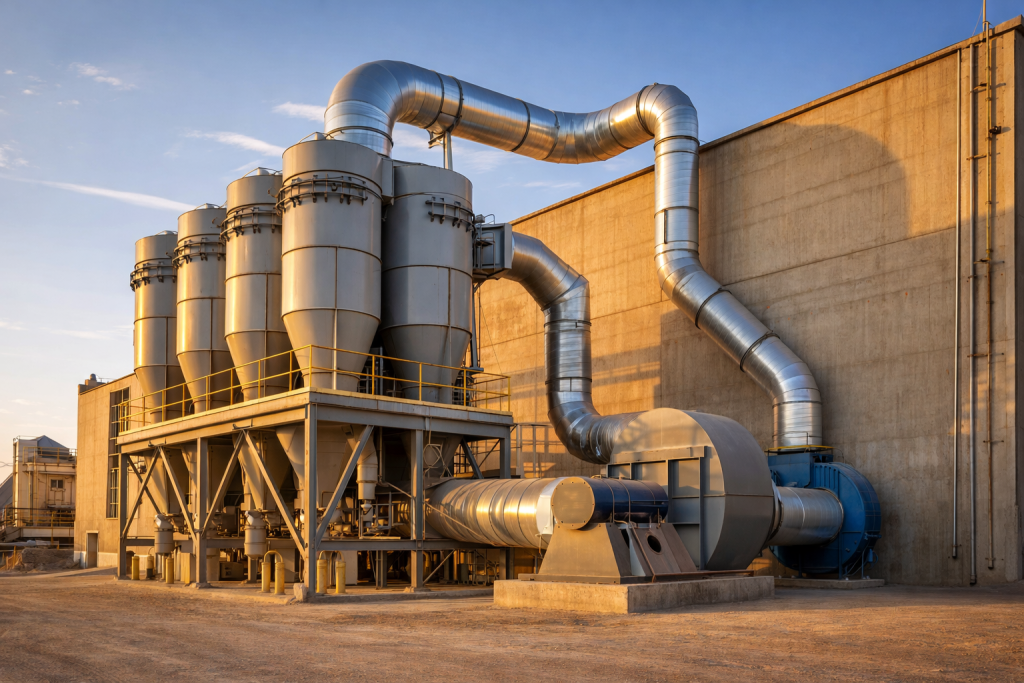 Industrial ventilation ducting system connected to a baghouse dust collector at a manufacturing facility