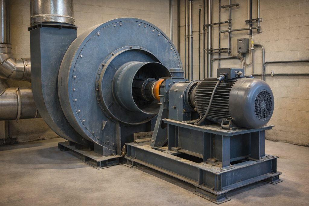 Dust collector fan providing airflow for an industrial ventilation system at a processing facility