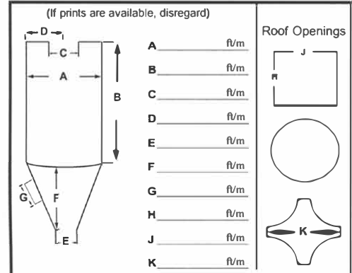 Silo dimension reference diagram showing measurements A through K and roof openings